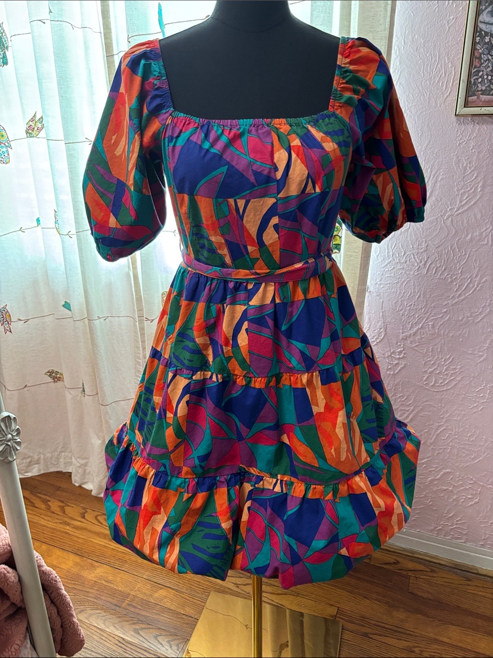 Square-Neck Tiered Mini Dress in Bold Multicolor Print